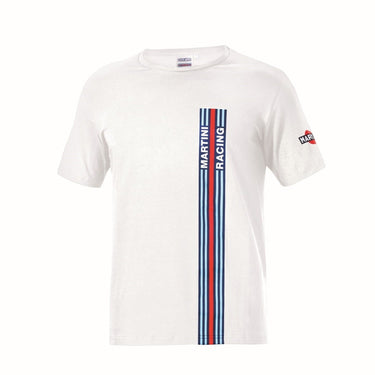 White t-shirt with Martini Racing logo and stripes on a white background